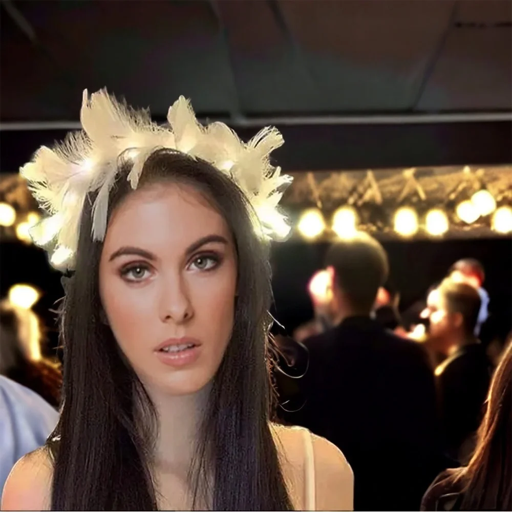 LED Goddess Headband - Light Up Mardi Gras Feather Headpiece, NYE Accessories